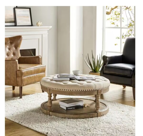 Enipeus Transitional Linen Polyester Storage Button-tufted Round Small Ottoman with Solid Wood Legs and Nailhead Trim