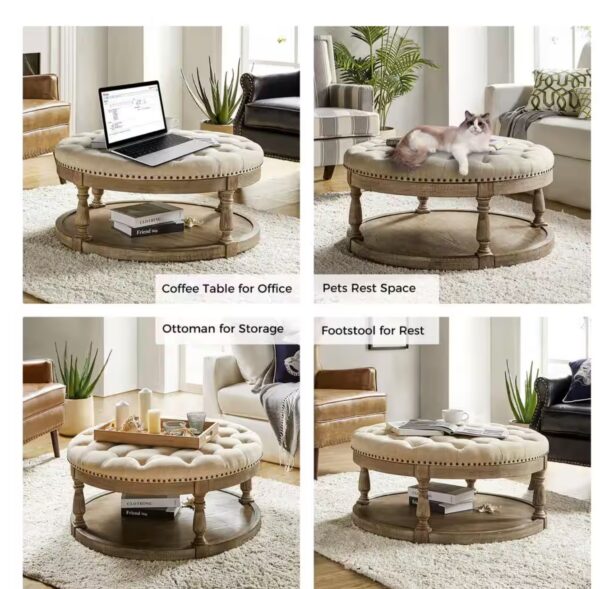 Enipeus Transitional Linen Polyester Storage Button-tufted Round Small Ottoman with Solid Wood Legs and Nailhead Trim